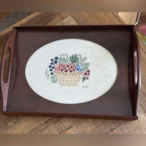 Vintage Cross Stitched Wooden Tray. Fruit Theme | Large | 17”x12” | 1980’s | EUC